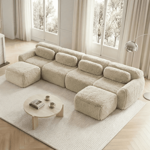 Sofá modular U 4 lugares - sem montagem, combinável, felpa, almofadas, apoio ergonómico - Bege claro