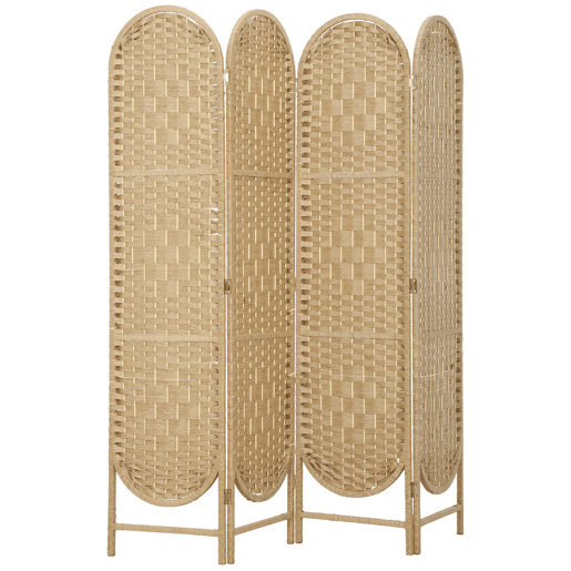 HOMCOM Biombo Separador de 4 Painéis 160x170 cm Painel de Privacidade Dobrável Boémio com Topo Arqueado Entrançado à Mão Divisória para Escritório e Quarto Madeira