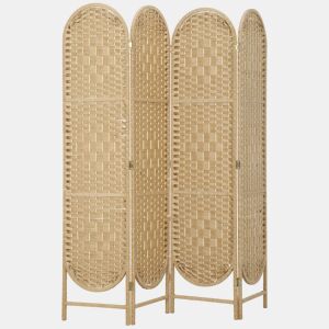 HOMCOM Biombo Separador de 4 Painéis 160x170 cm Painel de Privacidade Dobrável Boémio com Topo Arqueado Entrançado à Mão Divisória para Escritório e Quarto Madeira