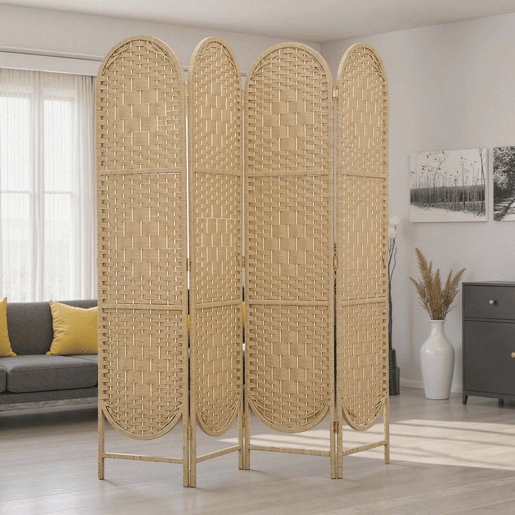 HOMCOM Biombo Separador de 4 Painéis 160x170 cm Painel de Privacidade Dobrável Boémio com Topo Arqueado Entrançado à Mão Divisória para Escritório e Quarto Madeira