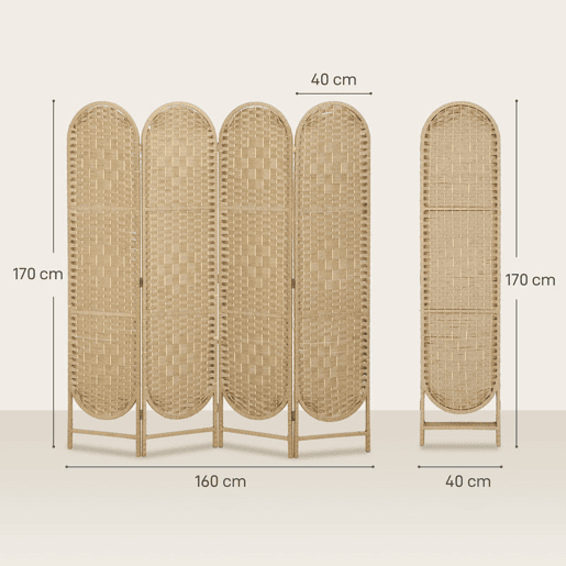 HOMCOM Biombo Separador de 4 Painéis 160x170 cm Painel de Privacidade Dobrável Boémio com Topo Arqueado Entrançado à Mão Divisória para Escritório e Quarto Madeira