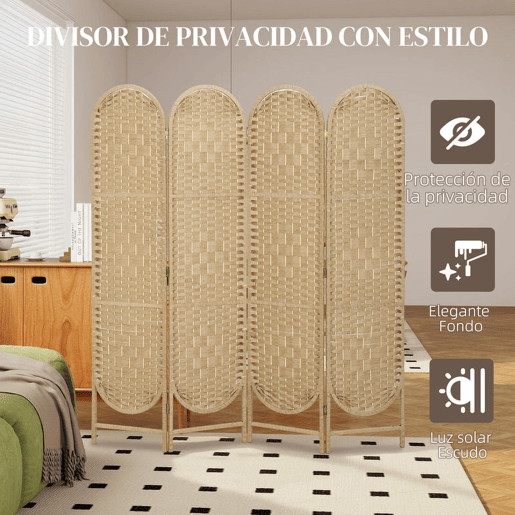 HOMCOM Biombo Separador de 4 Painéis 160x170 cm Painel de Privacidade Dobrável Boémio com Topo Arqueado Entrançado à Mão Divisória para Escritório e Quarto Madeira