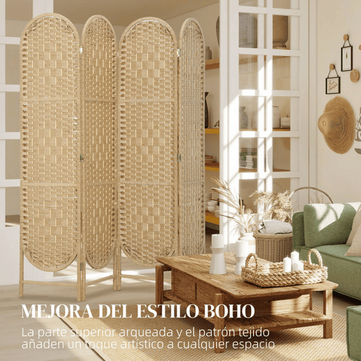 HOMCOM Biombo Separador de 4 Painéis 160x170 cm Painel de Privacidade Dobrável Boémio com Topo Arqueado Entrançado à Mão Divisória para Escritório e Quarto Madeira