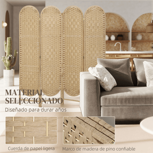 HOMCOM Biombo Separador de 4 Painéis 160x170 cm Painel de Privacidade Dobrável Boémio com Topo Arqueado Entrançado à Mão Divisória para Escritório e Quarto Madeira
