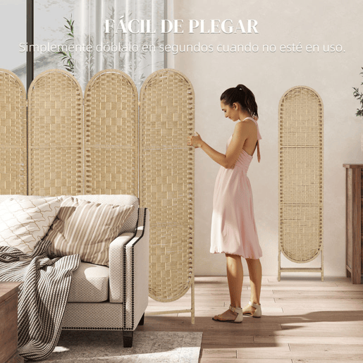 HOMCOM Biombo Separador de 4 Painéis 160x170 cm Painel de Privacidade Dobrável Boémio com Topo Arqueado Entrançado à Mão Divisória para Escritório e Quarto Madeira