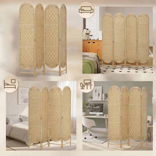 HOMCOM Biombo Separador de 4 Painéis 160x170 cm Painel de Privacidade Dobrável Boémio com Topo Arqueado Entrançado à Mão Divisória para Escritório e Quarto Madeira