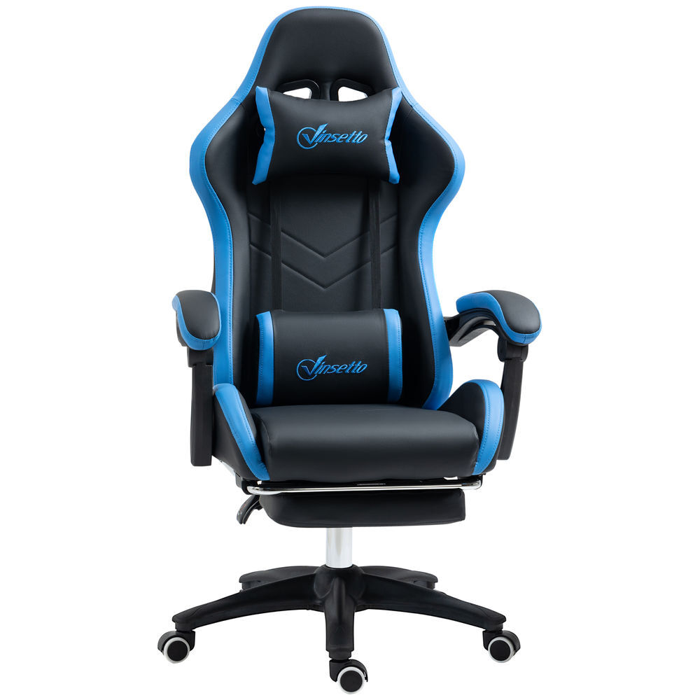 Vinsetto silla gaming ergonómica, silla gamer de cuero pu con reclinable 135°, soporte lumbar, altura ajustable, reposacabezas y reposapiés retráctil, para oficina, estudio, negro y azul