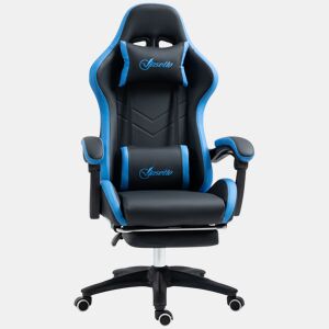 Vinsetto Cadeira Gaming Ergonómica Cadeira Gamer de Pele PU com Reclinação até 135° Suporte Lombar Altura Ajustável Apoio para a Cabeça e Apoio para os Pés Retrátil Preto e Azul