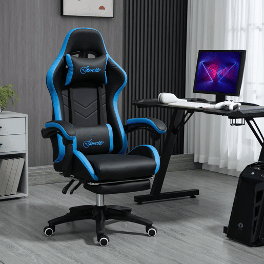 Vinsetto Cadeira Gaming Ergonómica Cadeira Gamer de Pele PU com Reclinação até 135° Suporte Lombar Altura Ajustável Apoio para a Cabeça e Apoio para os Pés Retrátil Preto e Azul