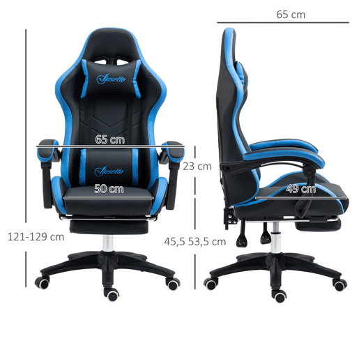 Vinsetto Cadeira Gaming Ergonómica Cadeira Gamer de Pele PU com Reclinação até 135° Suporte Lombar Altura Ajustável Apoio para a Cabeça e Apoio para os Pés Retrátil Preto e Azul
