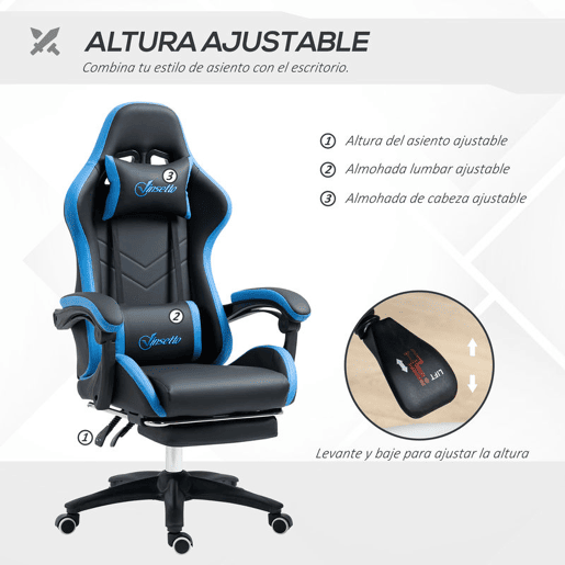 Vinsetto Cadeira Gaming Ergonómica Cadeira Gamer de Pele PU com Reclinação até 135° Suporte Lombar Altura Ajustável Apoio para a Cabeça e Apoio para os Pés Retrátil Preto e Azul