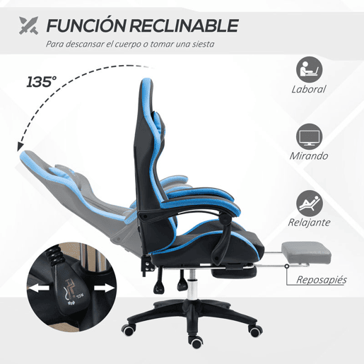 Vinsetto Cadeira Gaming Ergonómica Cadeira Gamer de Pele PU com Reclinação até 135° Suporte Lombar Altura Ajustável Apoio para a Cabeça e Apoio para os Pés Retrátil Preto e Azul