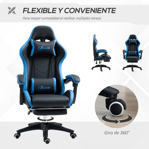 Vinsetto Cadeira Gaming Ergonómica Cadeira Gamer de Pele PU com Reclinação até 135° Suporte Lombar Altura Ajustável Apoio para a Cabeça e Apoio para os Pés Retrátil Preto e Azul