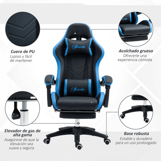 Vinsetto Cadeira Gaming Ergonómica Cadeira Gamer de Pele PU com Reclinação até 135° Suporte Lombar Altura Ajustável Apoio para a Cabeça e Apoio para os Pés Retrátil Preto e Azul