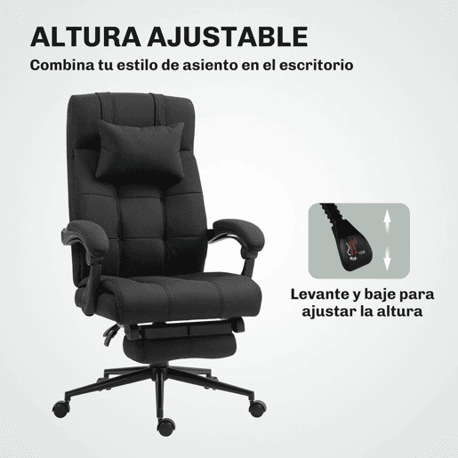 Vinsetto Cadeira de Escritório Reclinável Giratória Estofada em Tecido Tipo Linho Altura Ajustável com Apoio para Pés Encosto de Cabeça e Apoios para Braços Carga Máxima 150 kg 66x76x112-120 cm Preto