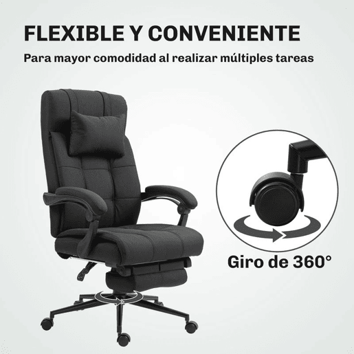 Vinsetto Cadeira de Escritório Reclinável Giratória Estofada em Tecido Tipo Linho Altura Ajustável com Apoio para Pés Encosto de Cabeça e Apoios para Braços Carga Máxima 150 kg 66x76x112-120 cm Preto