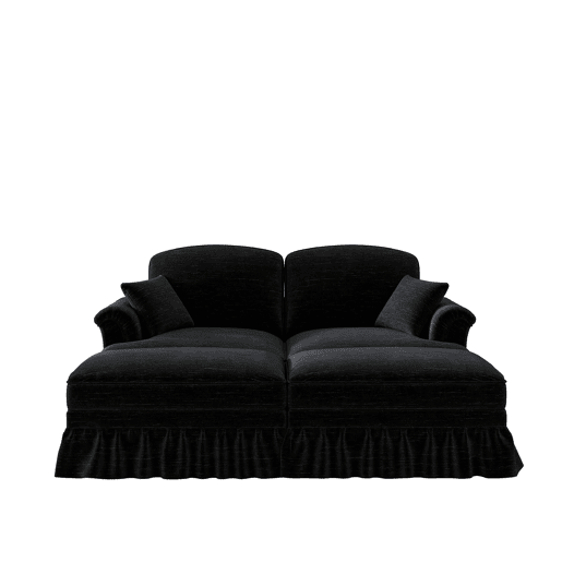 Sofá modular de 2 lugares - Chenille, braços cónicos, saia removível, pernas torneadas, pufe - Preto