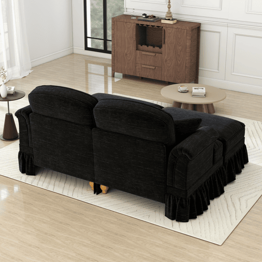 Sofá modular de 2 lugares - Chenille, braços cónicos, saia removível, pernas torneadas, pufe - Preto