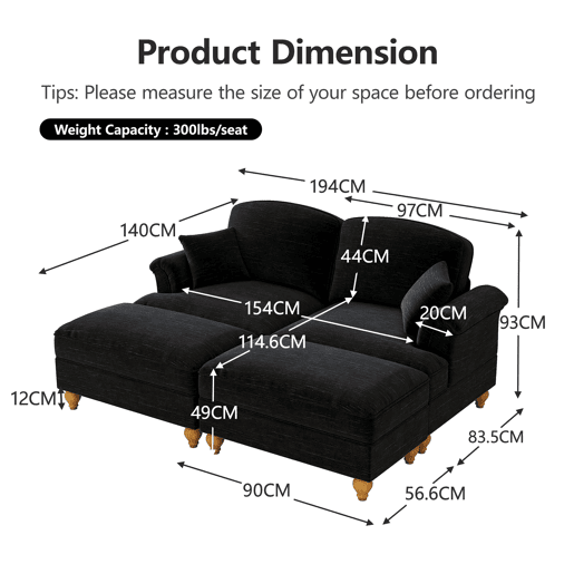 Sofá modular de 2 lugares - Chenille, braços cónicos, saia removível, pernas torneadas, pufe - Preto