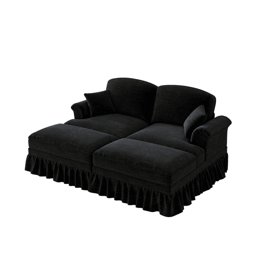 Sofá modular de 2 lugares - Chenille, braços cónicos, saia removível, pernas torneadas, pufe - Preto