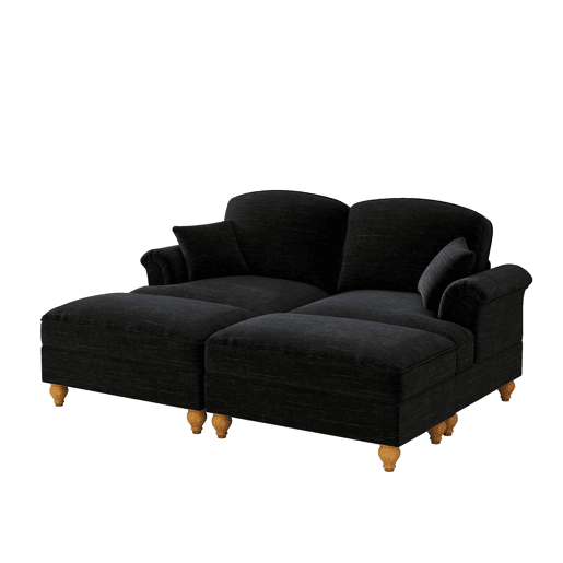 Sofá modular de 2 lugares - Chenille, braços cónicos, saia removível, pernas torneadas, pufe - Preto