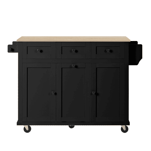 Ilha de cozinha móvel 131 cm - extensível com rodas, gavetas e caixote do lixo - preto
