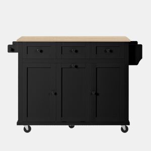 Ilha de cozinha móvel 131 cm - extensível com rodas, gavetas e caixote do lixo - preto