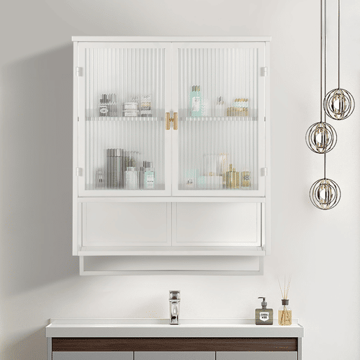 Armário de parede 60 cm - Portas de vidro, armazenamento duplo e prateleira aberta - Branco