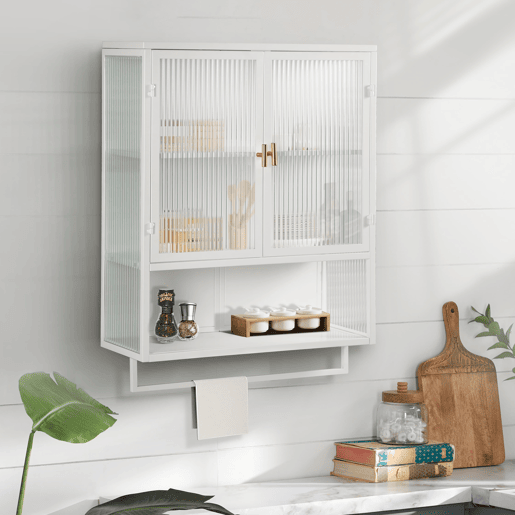Armário de parede 60 cm - Portas de vidro, armazenamento duplo e prateleira aberta - Branco