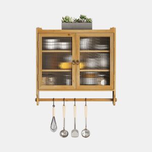Armário de parede 63 cm - Portas de vidro vintage, 3 níveis e toalheiro - Madeira natural