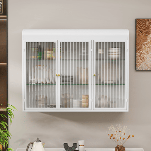 Armário de parede com portas de vidro 3 portas - arqueado, montado na parede - branco