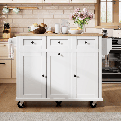 Ilha de cozinha móvel - com rodas, área de jantar extensível, gavetas e recipiente - Branco