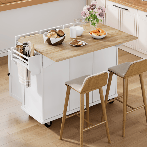 Ilha de cozinha móvel - com rodas, área de jantar extensível, gavetas e recipiente - Branco
