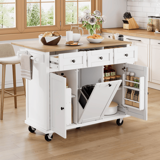 Ilha de cozinha móvel - com rodas, área de jantar extensível, gavetas e recipiente - Branco