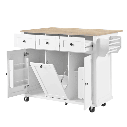 Ilha de cozinha móvel - com rodas, área de jantar extensível, gavetas e recipiente - Branco