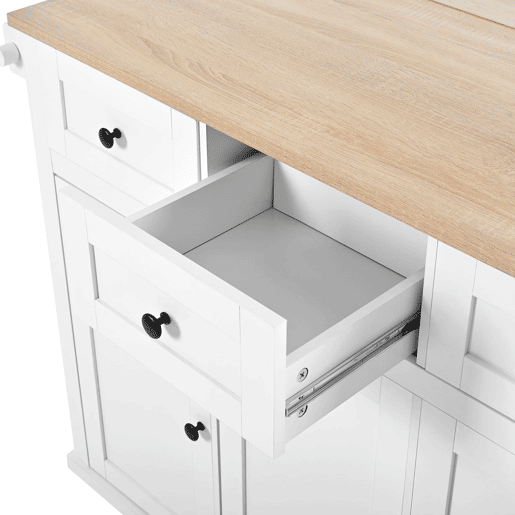 Ilha de cozinha móvel - com rodas, área de jantar extensível, gavetas e recipiente - Branco