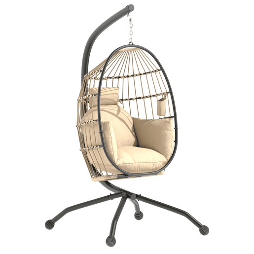 Outsunny Cadeira Suspensa com Suporte Baloiço para Jardim Exterior com Cesta Dobrável Almofada e Encosto para Cabeça Suporte para Copos Interior e Exterior 120 kg Caqui