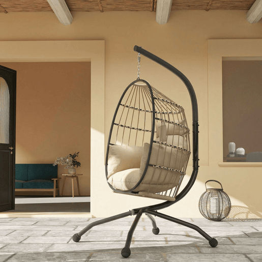 Outsunny Cadeira Suspensa com Suporte Baloiço para Jardim Exterior com Cesta Dobrável Almofada e Encosto para Cabeça Suporte para Copos Interior e Exterior 120 kg Caqui