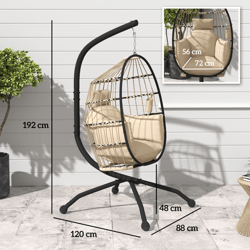Outsunny Cadeira Suspensa com Suporte Baloiço para Jardim Exterior com Cesta Dobrável Almofada e Encosto para Cabeça Suporte para Copos Interior e Exterior 120 kg Caqui