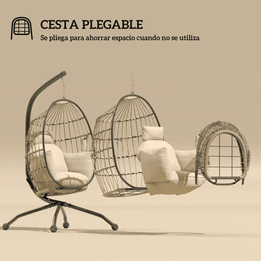 Outsunny Cadeira Suspensa com Suporte Baloiço para Jardim Exterior com Cesta Dobrável Almofada e Encosto para Cabeça Suporte para Copos Interior e Exterior 120 kg Caqui