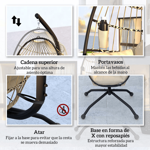 Outsunny Cadeira Suspensa com Suporte Baloiço para Jardim Exterior com Cesta Dobrável Almofada e Encosto para Cabeça Suporte para Copos Interior e Exterior 120 kg Caqui