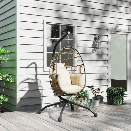 Outsunny Cadeira Suspensa com Suporte Baloiço para Jardim Exterior com Cesta Dobrável Almofada e Encosto para Cabeça Suporte para Copos Interior e Exterior 120 kg Caqui