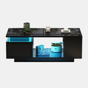 Mesa de centro 100x50x36cm - LED, alto brilho, gaveta e prateleiras laterais - Preto