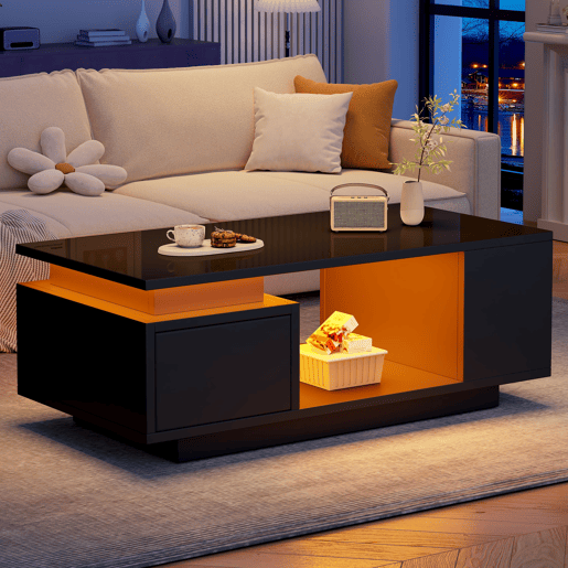 Mesa de centro 100x50x36cm - LED, alto brilho, gaveta e prateleiras laterais - Preto Mesa de centro 100x50x36cm - LED, alto brilho, gaveta e prateleiras laterais - Preto
