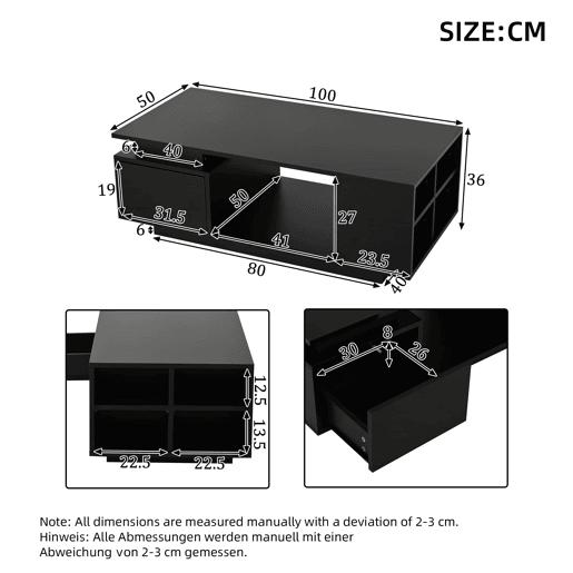 Mesa de centro 100x50x36cm - LED, alto brilho, gaveta e prateleiras laterais - Preto Mesa de centro 100x50x36cm - LED, alto brilho, gaveta e prateleiras laterais - Preto