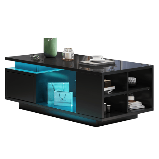 Mesa de centro 100x50x36cm - LED, alto brilho, gaveta e prateleiras laterais - Preto Mesa de centro 100x50x36cm - LED, alto brilho, gaveta e prateleiras laterais - Preto
