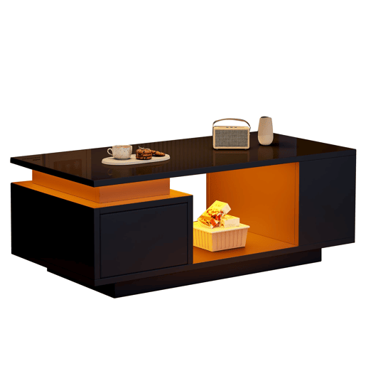 Mesa de centro 100x50x36cm - LED, alto brilho, gaveta e prateleiras laterais - Preto Mesa de centro 100x50x36cm - LED, alto brilho, gaveta e prateleiras laterais - Preto