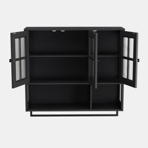 Armário de casa de banho 88 cm - 3 portas, arrumação aberta e oculta, porta de vidro, barra para toalhas - Preto