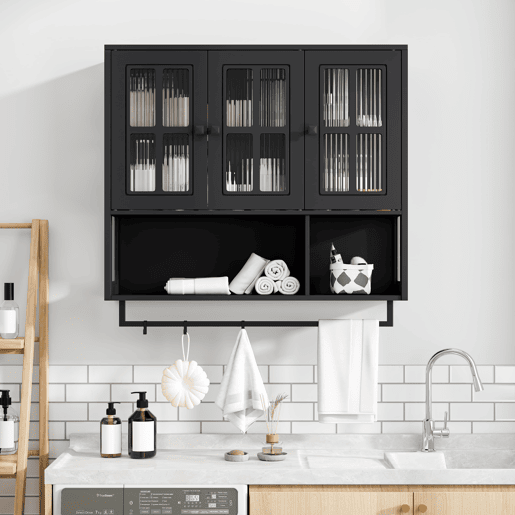 Armário de casa de banho 88 cm - 3 portas, arrumação aberta e oculta, porta de vidro, barra para toalhas - Preto