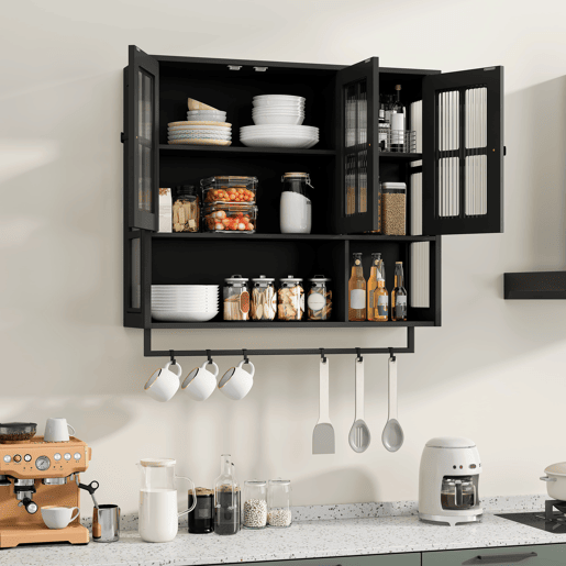 Armário de casa de banho 88 cm - 3 portas, arrumação aberta e oculta, porta de vidro, barra para toalhas - Preto